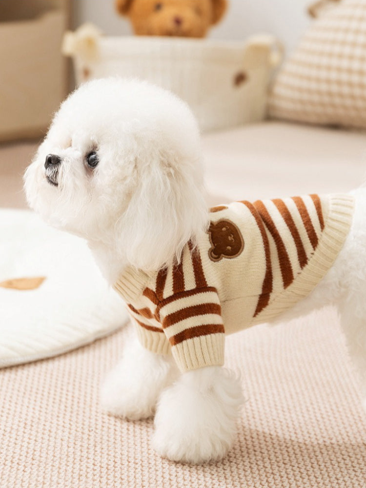 Side view of a white poodle wearing a cream and brown striped dog sweater with embroidered bear appliques