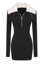 Knit mini dress with zipper and faux shearling collar - View 16 | TEVQA