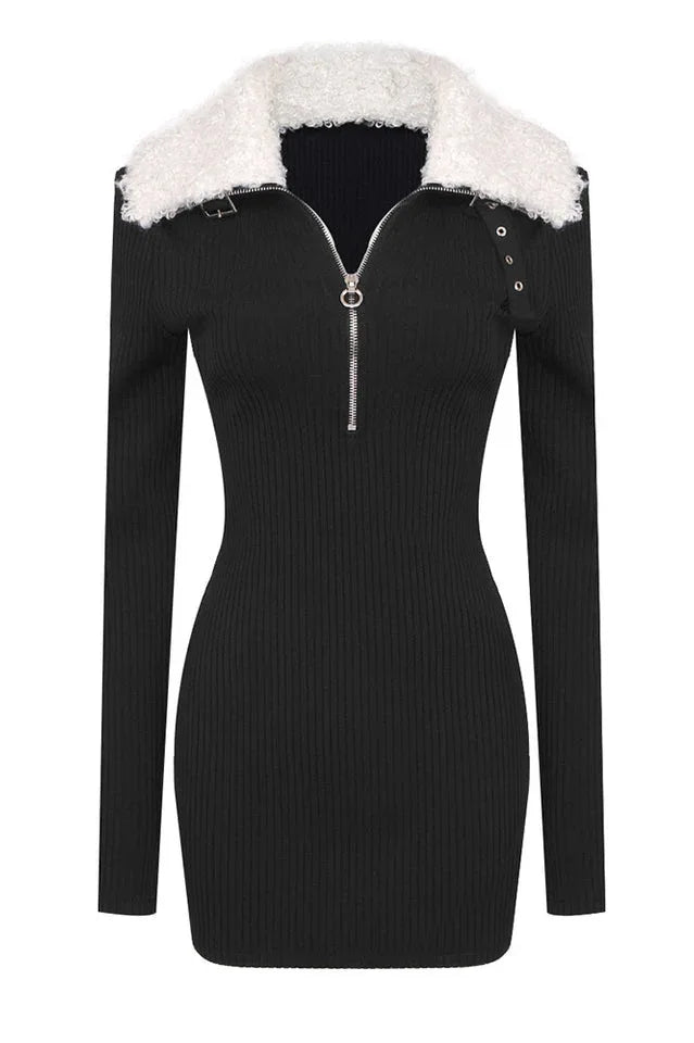 Knit mini dress with zipper and faux shearling collar - View 16 | TEVQA