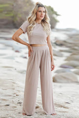 Casual two piece set with high-waisted wide leg pants and crop top - View 11 | TEVQA