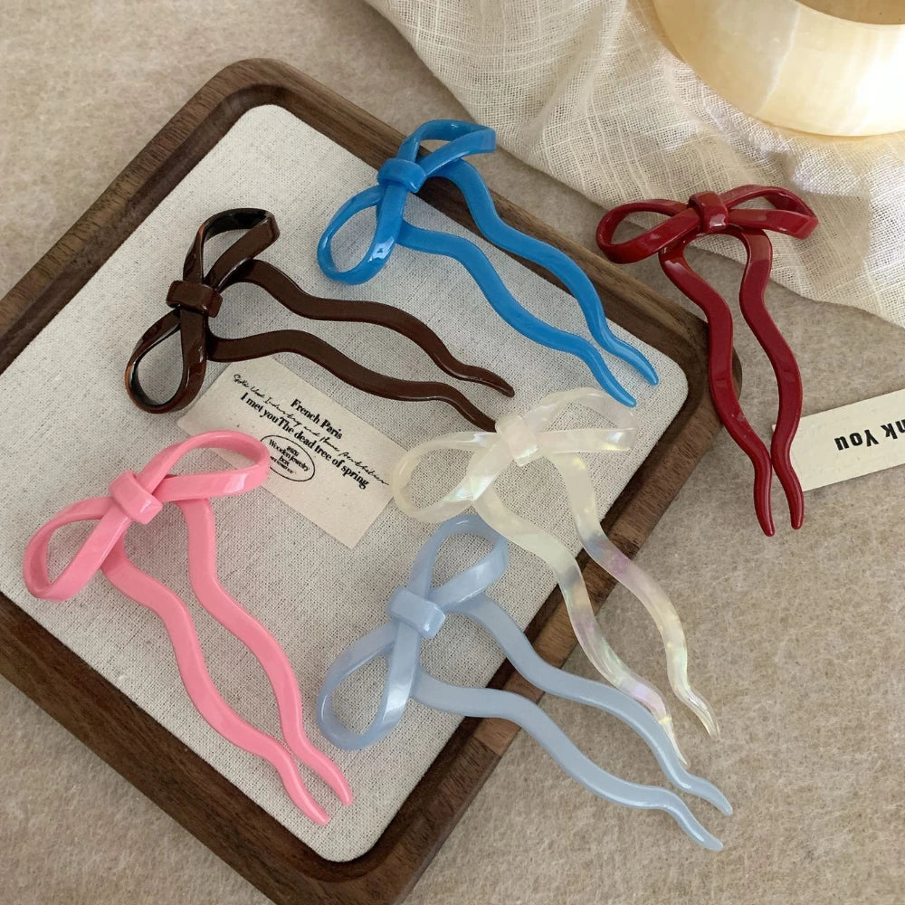 Cute Acetate Bow French Hair Pin - 4 Inch Wavy U-Shaped