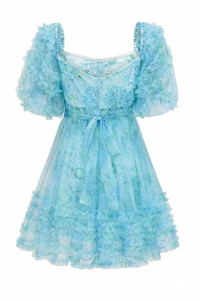 Floral print puff sleeve mini dress with sweetheart neckline and bow detail - View 8 | TEVQA