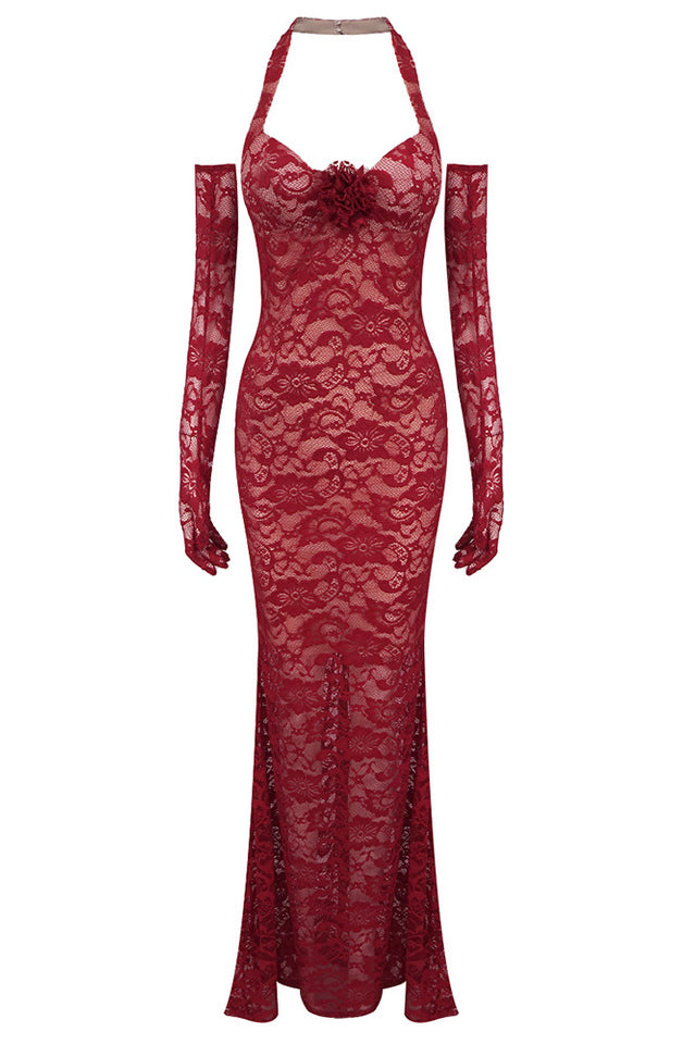 Marjorie Red Rose Lace Halter Maxi Dress | Dress In Beauty