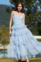 Tiered Tulle V-Neck Evening Dress in Mistyrose - View 8 | TEVQA