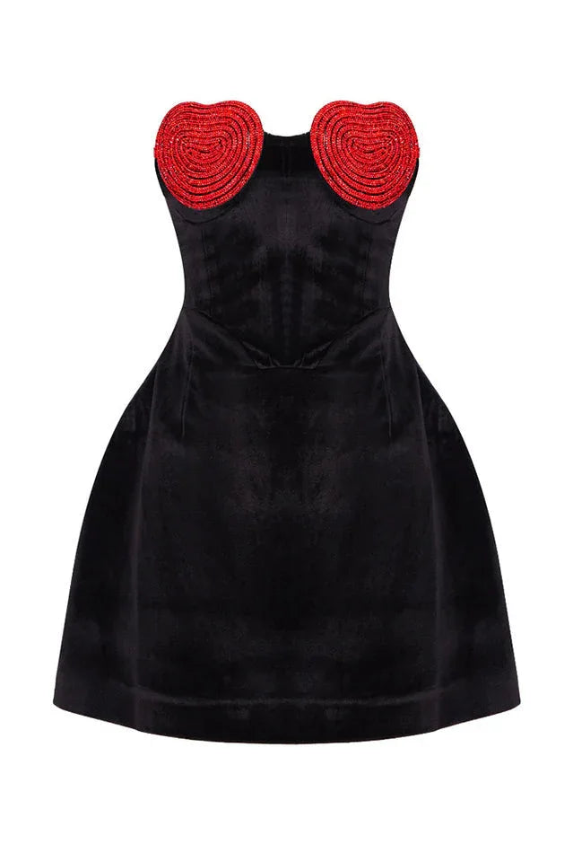 Red velvet strapless mini dress with heart detail - View 11 | TEVQA