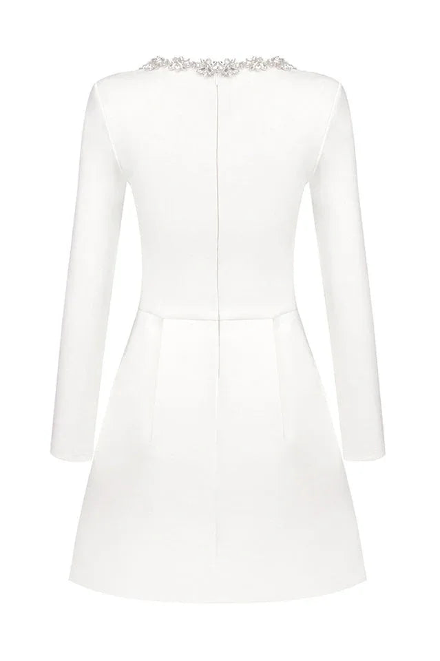 White crepe mini dress with embellished square neckline and long sleeves - View 15 | TEVQA