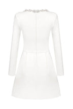 White crepe mini dress with embellished square neckline and long sleeves - View 15 | TEVQA
