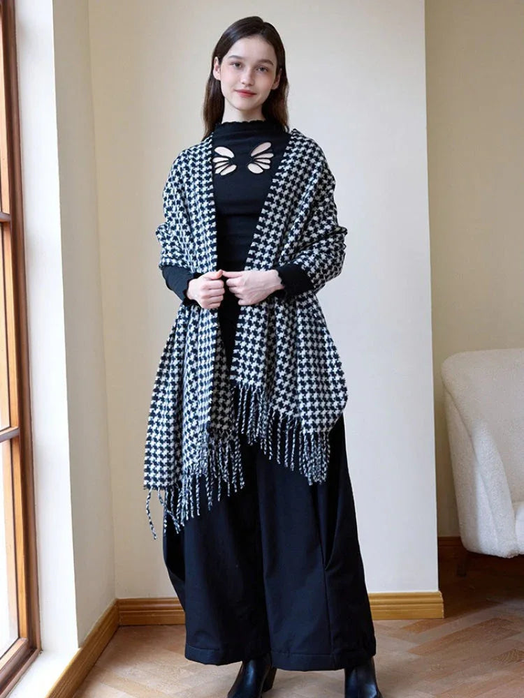 Oversized Faux Cashmere Houndstooth Scarf - TEVQA