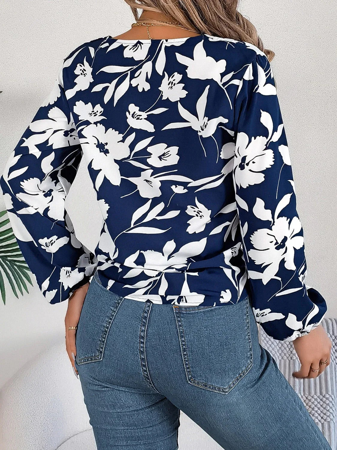 Monochrome floral tie-front blouse - View 14 | TEVQA