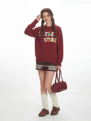 Festive Red Oversized Christmas Sweater with 3D Tree Pin - TEVQA