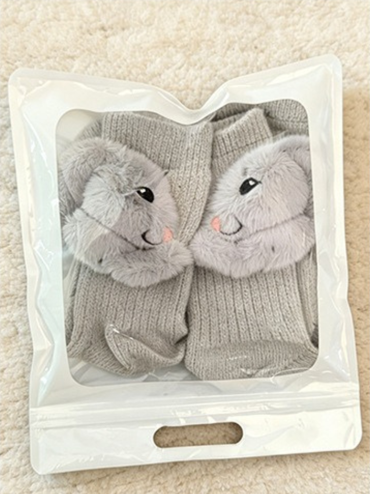 3D Fluffy Bunny Plush Grip Socks Grey