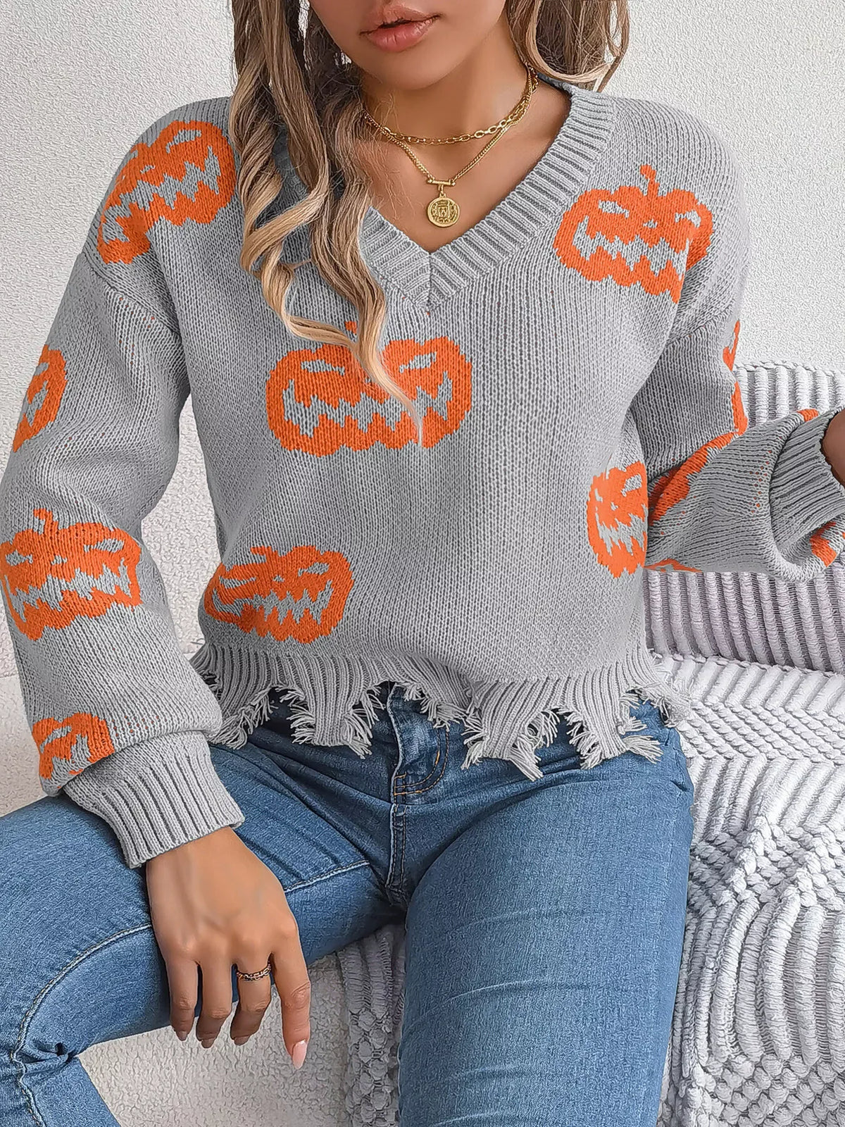 Distressed Pumpkin Knit Sweater - View 9 | TEVQA