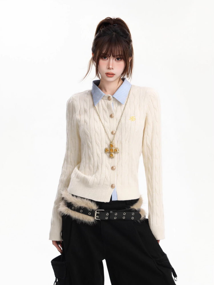 Red cable knit cardigan with faux collar - View 6 | TEVQA