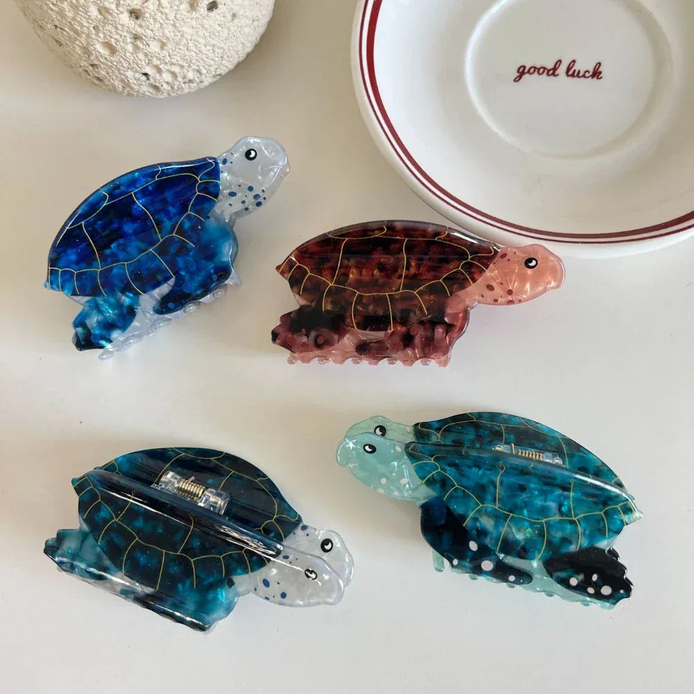 Vibrant Sea Turtle Acetate Hair Claw Clip - 3.5 Inch Tropical Coastal Accessory - TEVQA