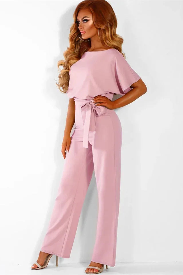 Wide leg jumpsuit with tie waist and boat neckline - View 13 | TEVQA
