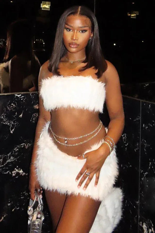 White Fur Skirt Set - TEVQA Main image
