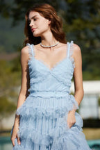 Tiered Tulle V-Neck Evening Dress in Mistyrose - View 13 | TEVQA