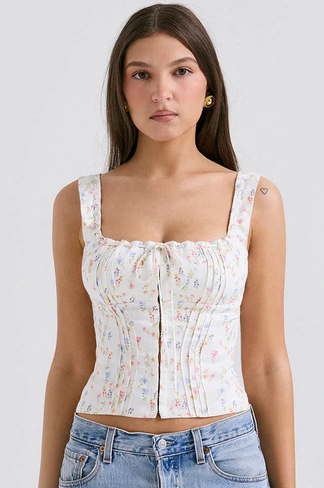 Chicca White Posy Print Top | Floral Hook-Front Tank & Tie Detail - TEVQA Main image