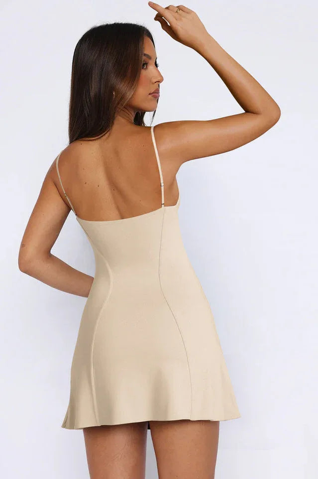 Fitted V-neck mini dress with spaghetti straps - View 18 | TEVQA
