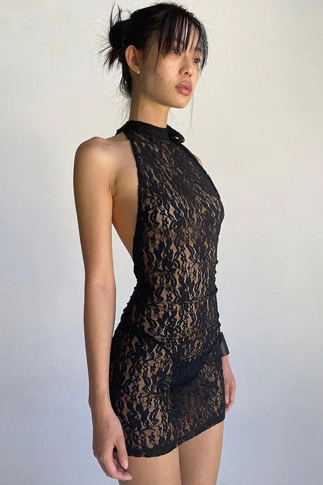 See Through Lace Mini Dress - TEVQA