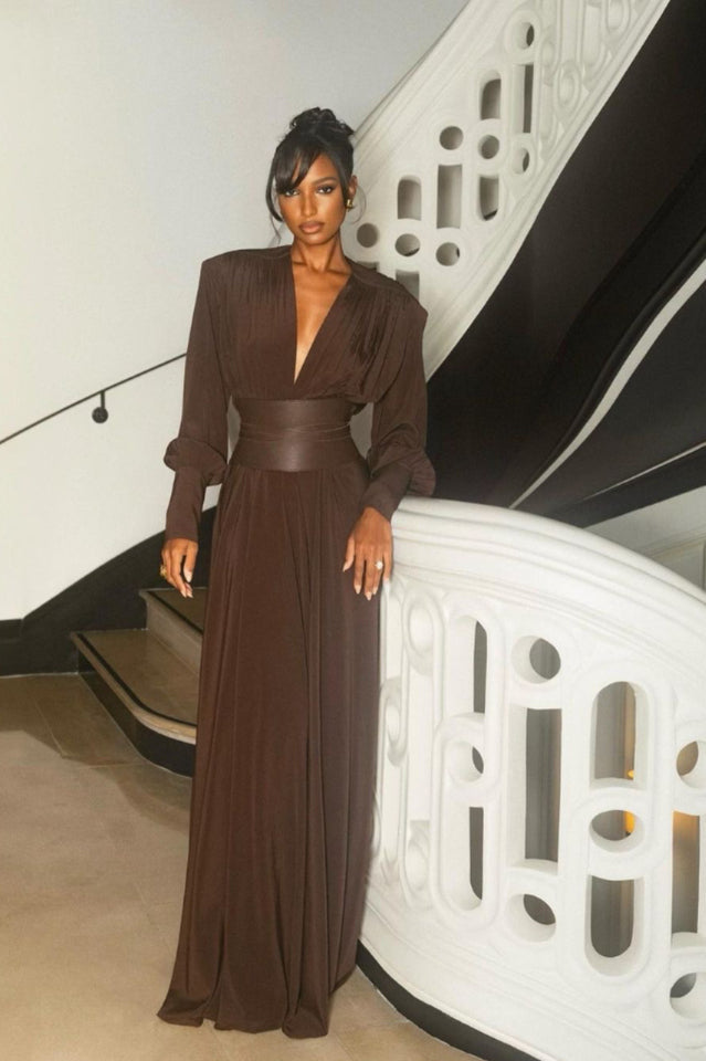 Rosey Tan Maxi Dress With Waist Belt | Dress In Beauty