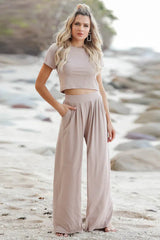 Casual two piece set with high-waisted wide leg pants and crop top - View 10 | TEVQA