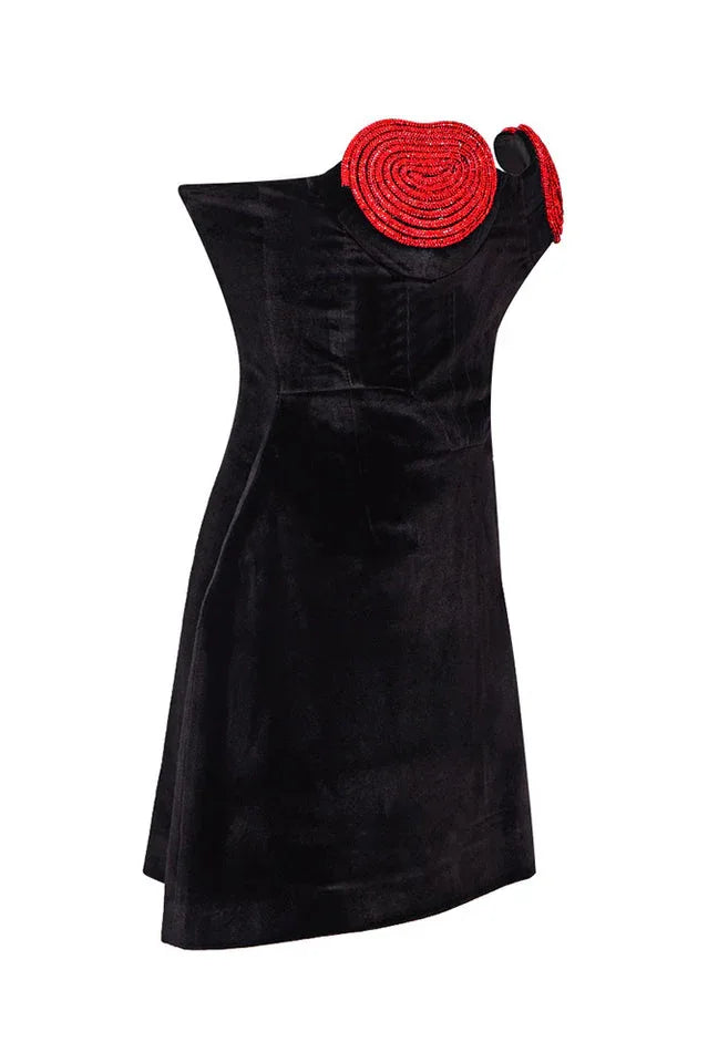 Red velvet strapless mini dress with heart detail - View 12 | TEVQA
