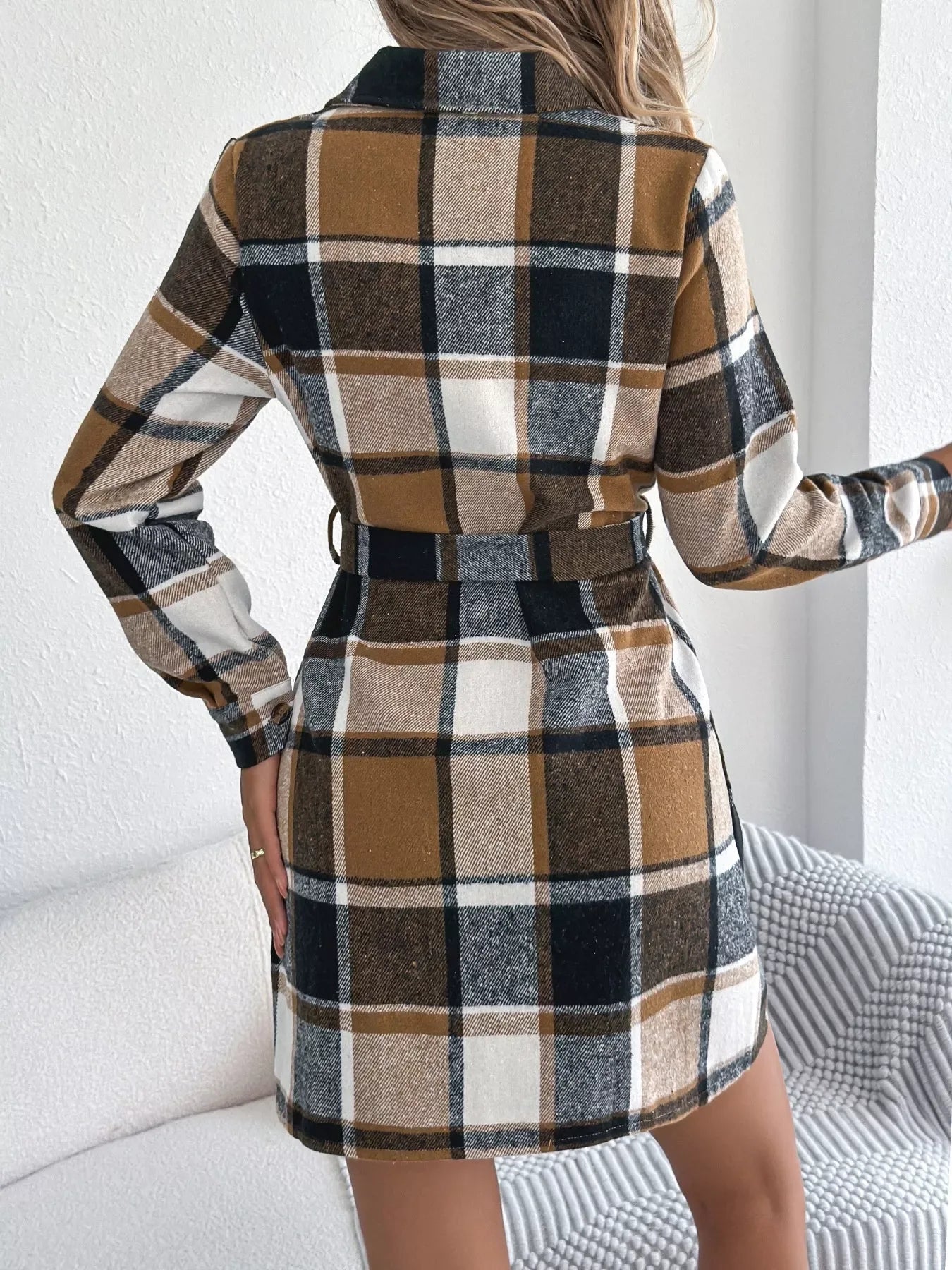 Green Plaid Belted Shirt Dress - View 9 | TEVQA