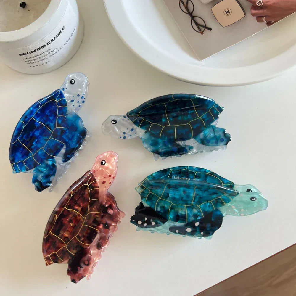 Vibrant Sea Turtle Acetate Hair Claw Clip - 3.5 Inch Tropical Coastal Accessory - TEVQA