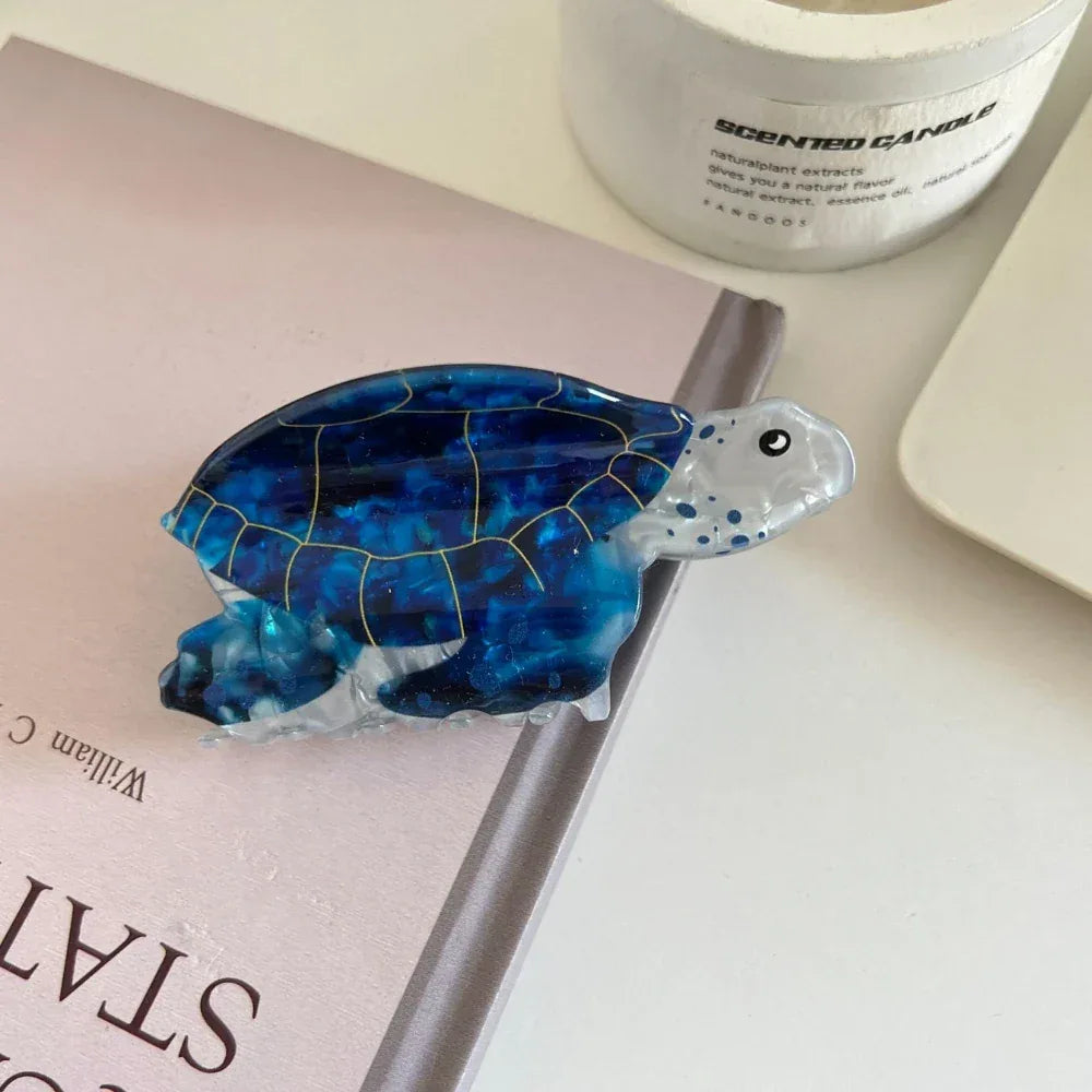 Vibrant Sea Turtle Acetate Hair Claw Clip - 3.5 Inch Tropical Coastal Accessory - TEVQA