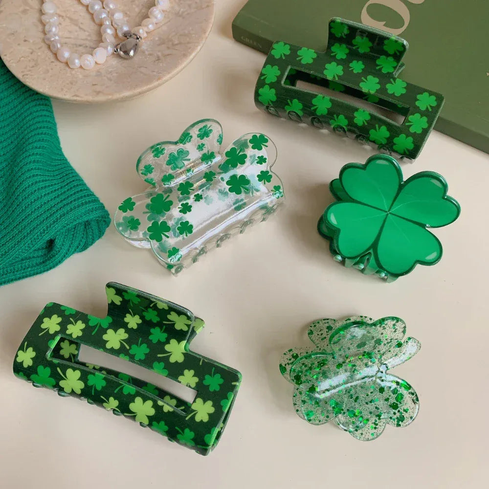 Lucky Clover Green Hair Claw Clip - St. Patrick's Day Shamrock Accessory - TEVQA