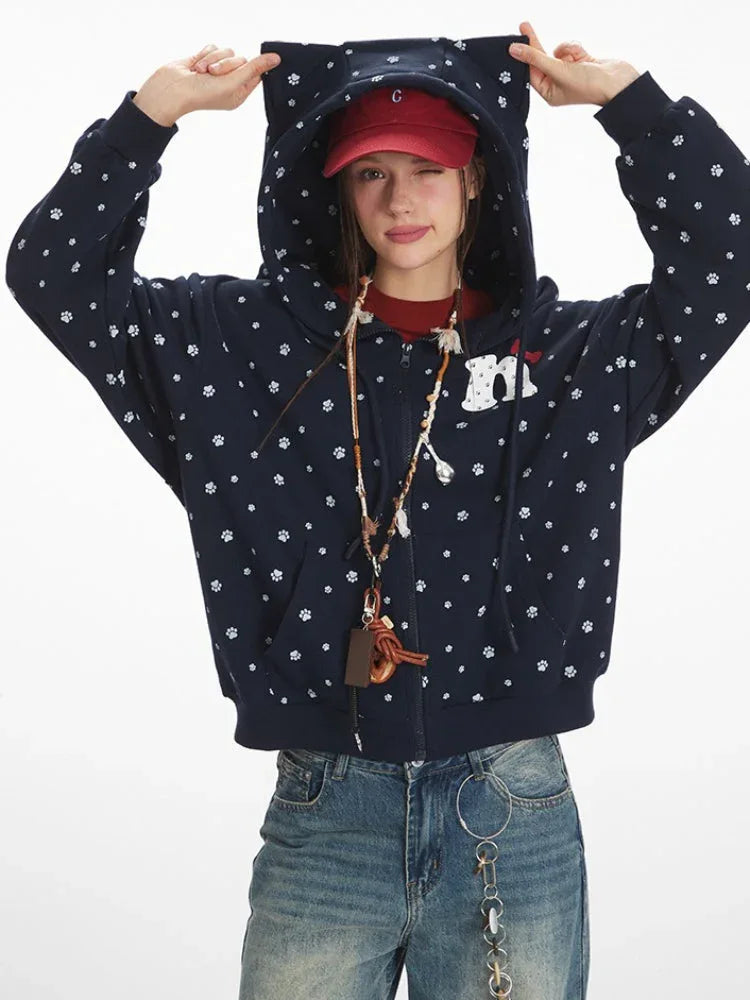 Retro navy zip-up hoodie with all-over white paw print pattern - View 6 | TEVQA
