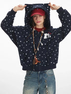 Retro navy zip-up hoodie with all-over white paw print pattern - View 6 | TEVQA