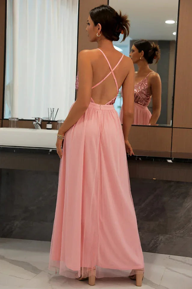 Sequin Tulle Evening Gown - View 7 | TEVQA