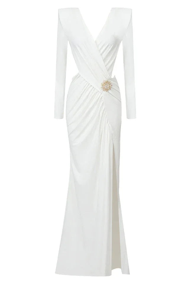 Long sleeve ruched dress with V-neckline and brooch - View 8 | TEVQA