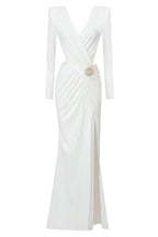 Long sleeve ruched dress with V-neckline and brooch - View 8 | TEVQA