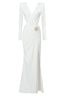 Long sleeve ruched dress with V-neckline and brooch - View 8 | TEVQA