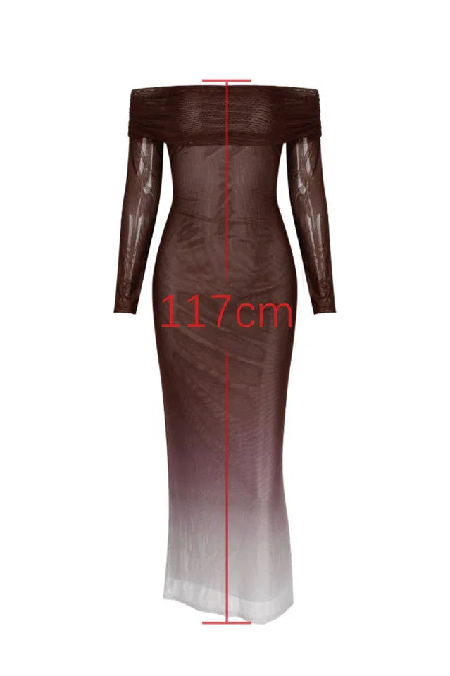 Full-length view of the ombre dress with a measurement indicated