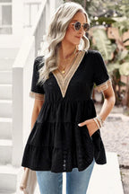 White Eyelet Embroidery V-Neck Blouse - TEVQA