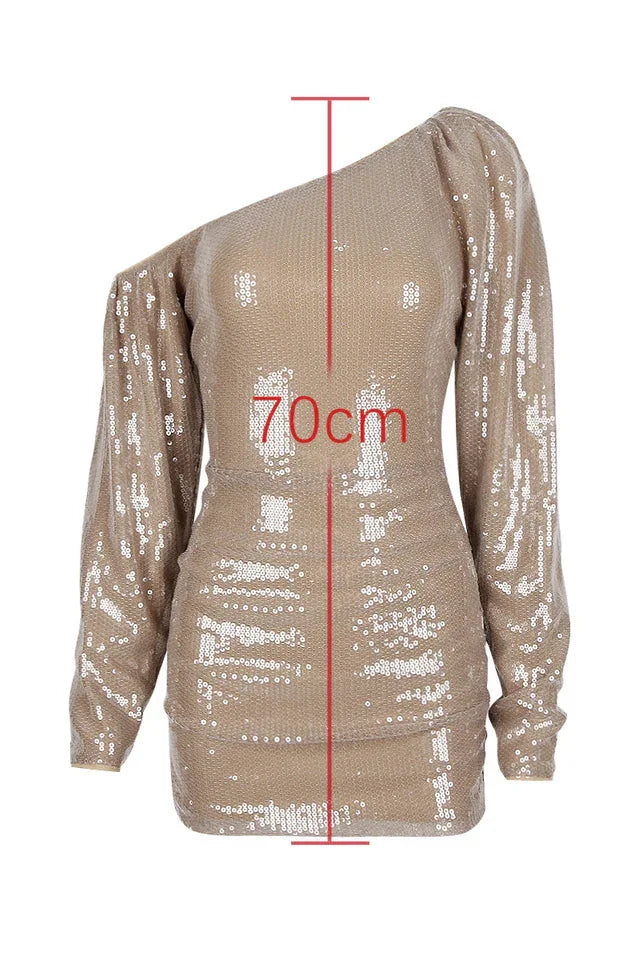 Product image of a sequined one-shoulder dress with a length measurement indicated.