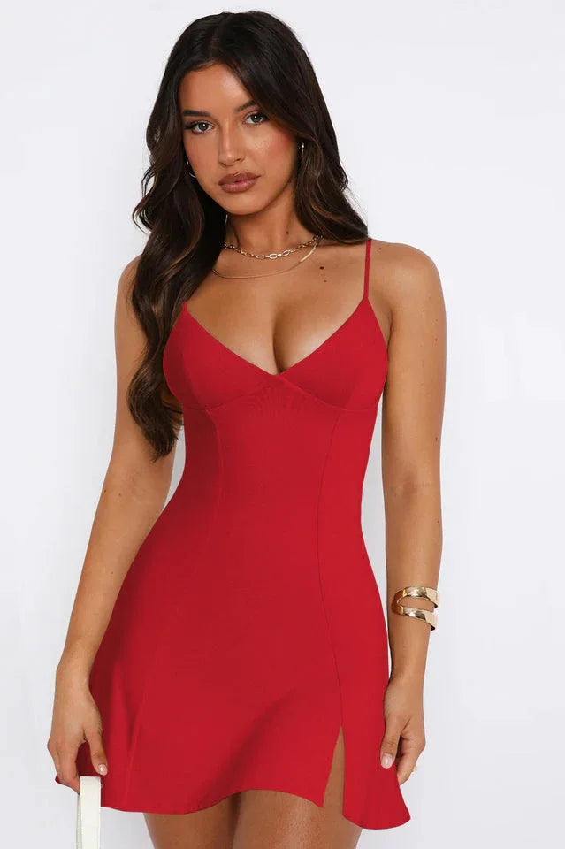 Fitted V-neck mini dress with spaghetti straps - View 19 | TEVQA