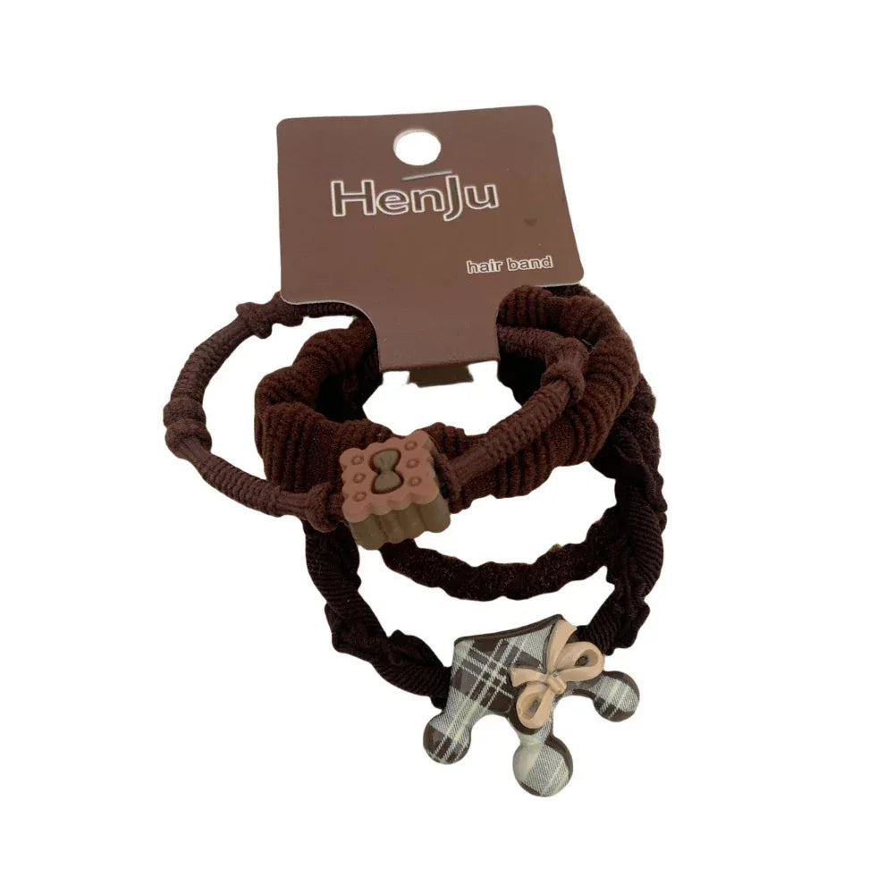 Brown braided hair ties with plaid bear charm and bow