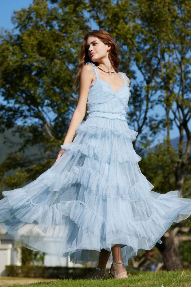 Tiered Tulle V-Neck Evening Dress in Mistyrose - View 11 | TEVQA