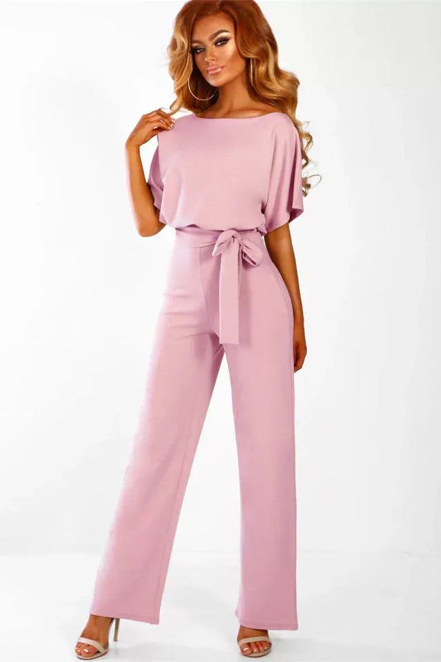 Wide leg jumpsuit with tie waist and boat neckline - View 12 | TEVQA