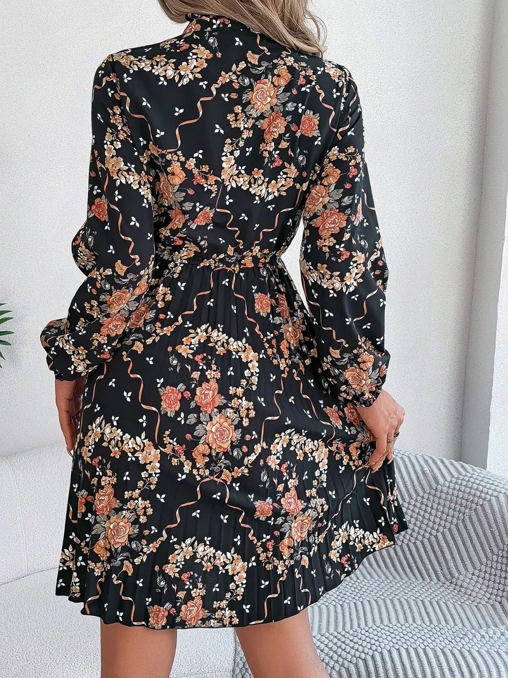 Vintage Pink Floral Pleated Dress - TEVQA