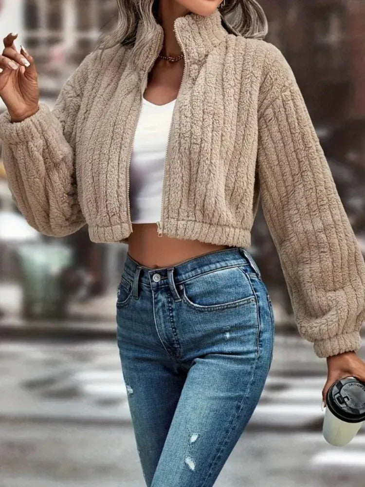 The Willow Ribbed Faux Sherpa Crop Jacket - TEVQA