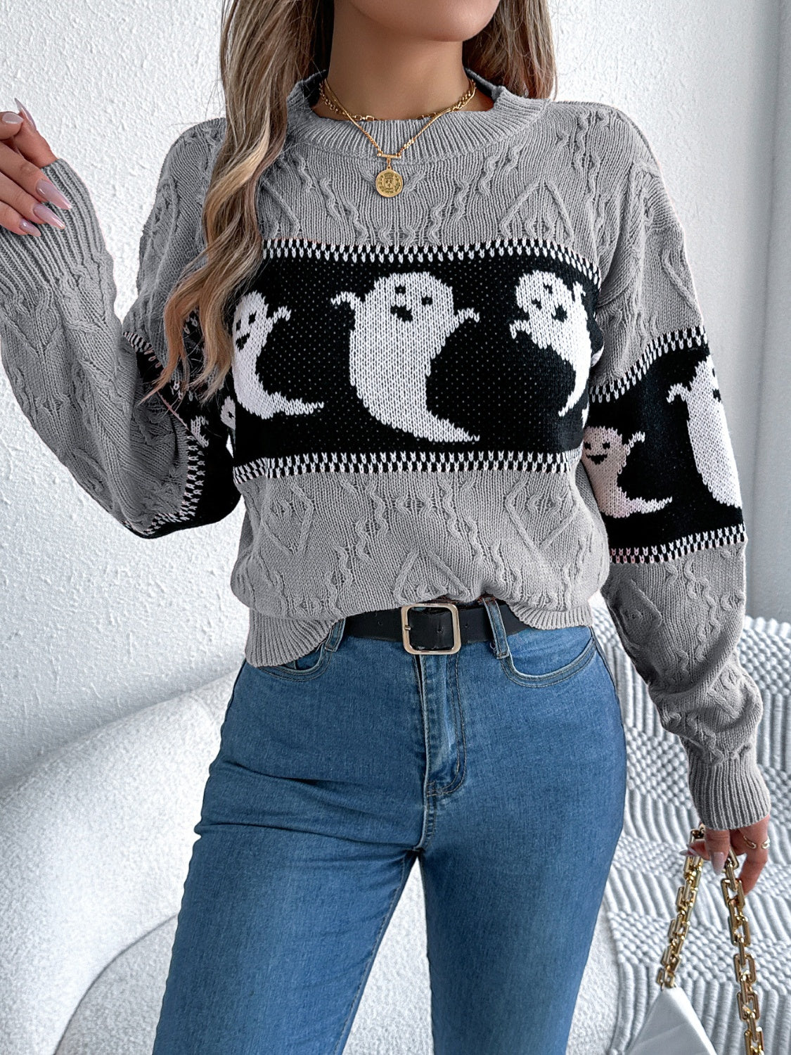 Spooky Chic Ghost Cable Knit Sweater