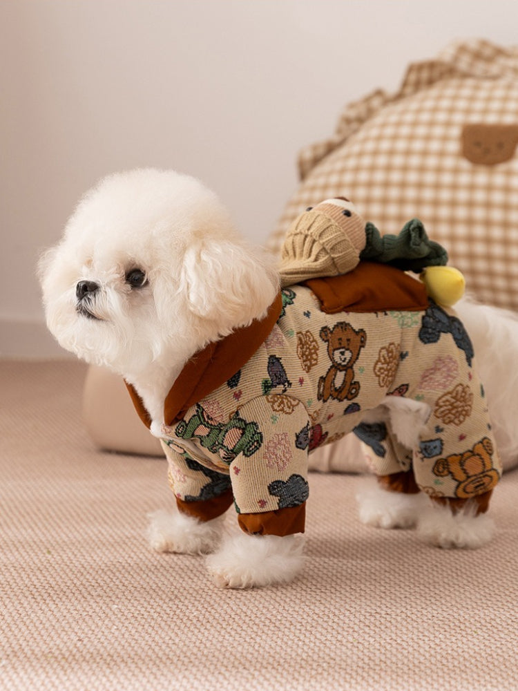 Yellow Graffiti Hooded Pet Jumpsuit with 3D Bear Doll