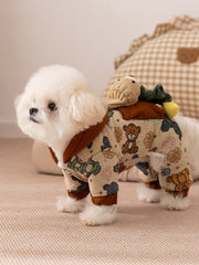 Yellow Graffiti Hooded Pet Jumpsuit with 3D Bear Doll