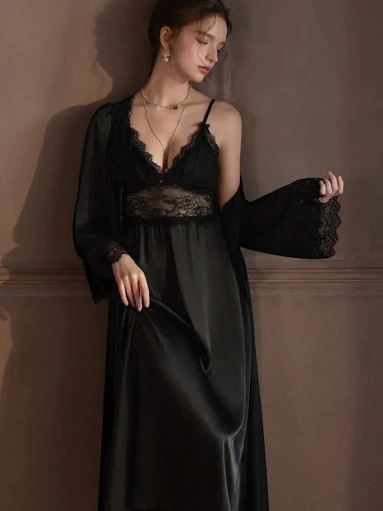Lace Trim Satin Robe and Slip Set - View 13 | TEVQA